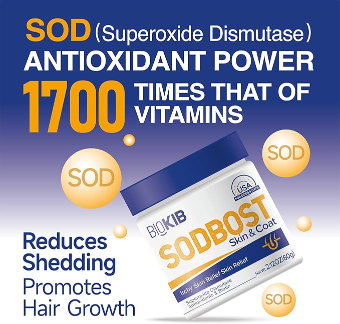 SODBOST Dog Allergy & Itch Relief, Cat Skin & Coat Supplement Powder -SOD Enzyme Skin Relief Formula for Allergy & Itch Relief & Reduces Shedding - Plant-Based, Made in USA - 60 Scoops