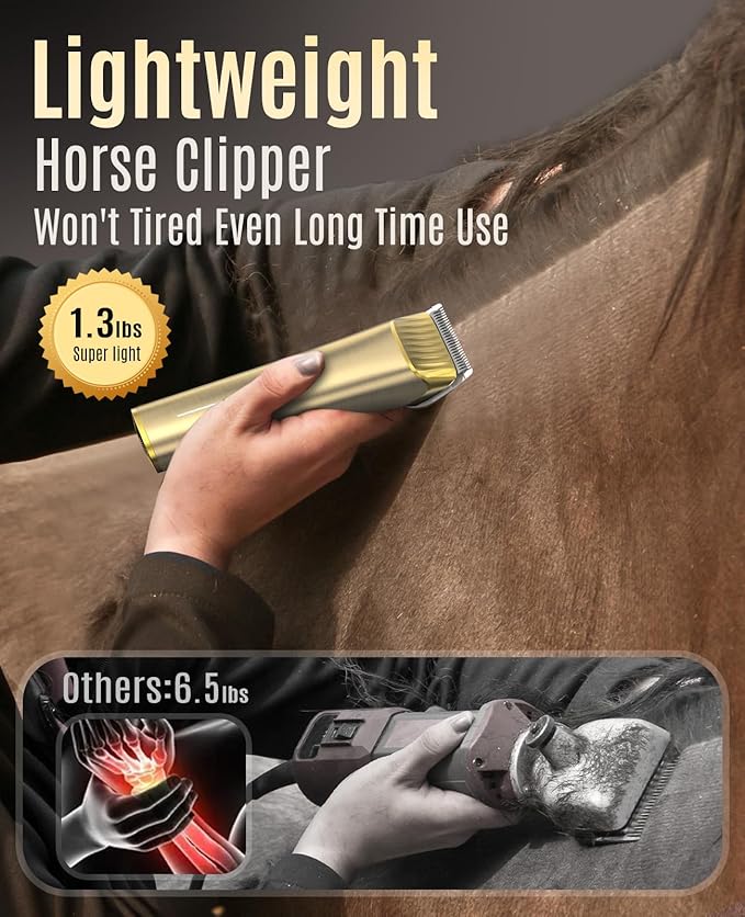 oneisall Cordless Horse Clippers,Low Noise 2 Speed Grooming Clippers,Horse Trimmer Shaver Kit for Matted Long Hair,Detachable Stainless Steel Blade Grooming Kit for Thick Coat