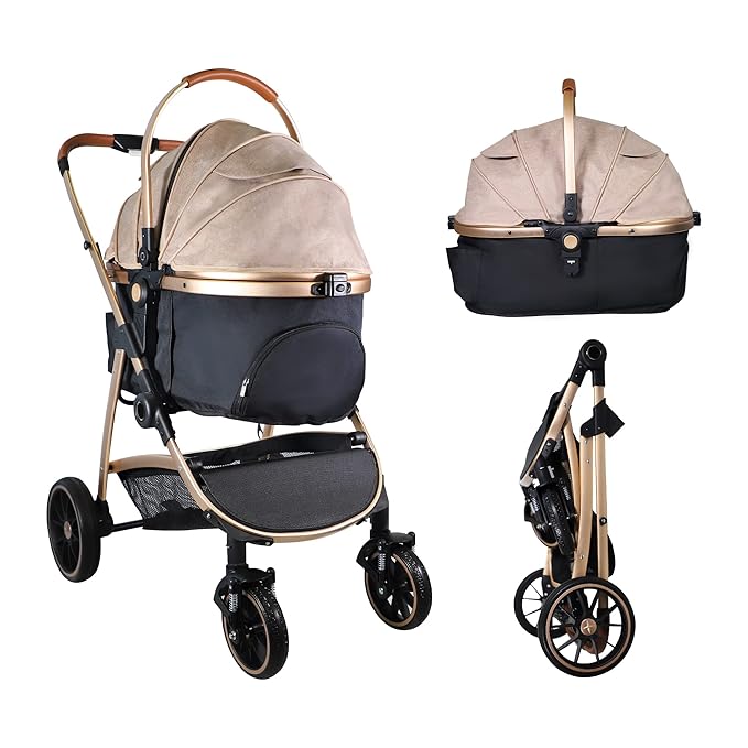 3 in 1 Multifunction Pet Stroller for Small Medium Dogs Cats, No-Zip Dog Stroller with Detachable Carrier & Cup Holder, One-Hand Quick Fold, 4 Wheels Travel Foldable Aluminum Alloy Frame Up to 33 lbs