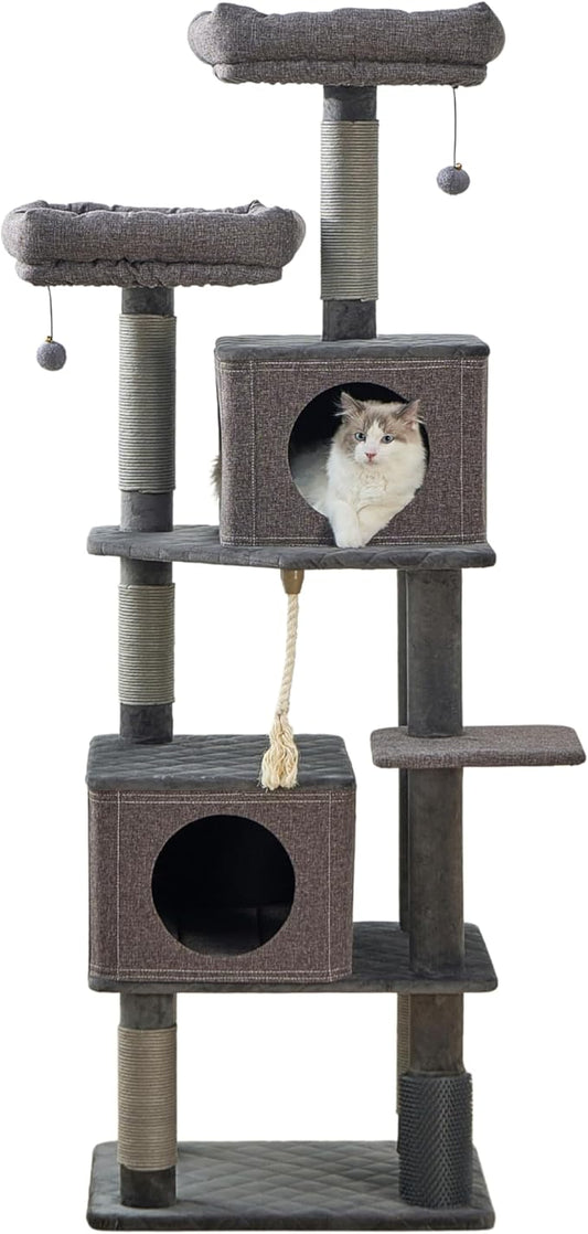 Catry® Stella 7-Level 67.5” Linen & Quilted Velvet Cat Tree with Recycled Paper Scratchers, Two Condos, Removable Beds, Toys, Easy to Clean, Ideal for Large Cats and Multi-Cat Homes (Zinc Gray)