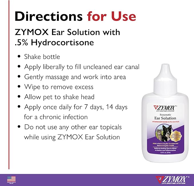 ZYMOX Enzymatic Ear Solution with 0.5-Percent Hydrocortisone, for Dog & Cat, 1.25 oz