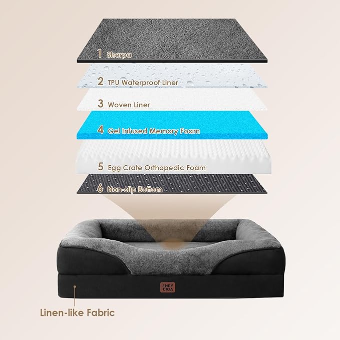 EHEYCIGA Memory Foam XXL Dog Bed for XLarge Sized, Orthopedic Dog Sofa with Sides and Waterproof Liner, Washable Bolster Pet Couch with Removable Cover, 52x41x8 Inch, Grey/Black