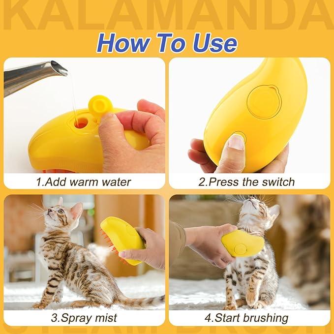 KALAMANDA Cat Steam Brush, 3 in 1 Dog Steamy Brush Cleanser, Silicone Massage Grooming Comb, Pet Hair Cleaning Misting Comb for Cats Dogs(Mango Yellow)