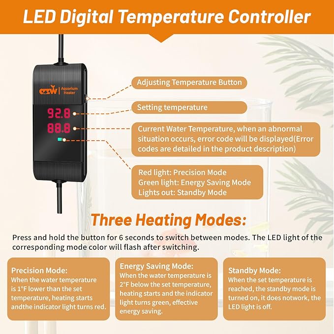 azw Aquarium Heater 300W/500W/800W, Fish Tank Heater with Digital LED Controller, Frequency Conversion Energy Saving, IPS Anti-Boiling Fish, Multiple Intelligent Protection for Freshwater/Saltwater