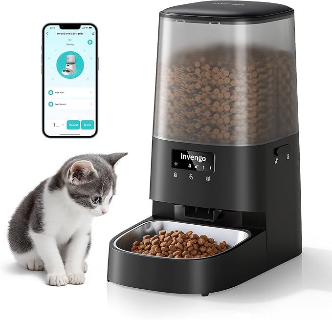 Cat Feeder Automatic - Cat Food Dispenser MeowServe S20, Auto Dog Feeder with Stainless Steel Bowl, 5L Pet Feeder with Patented Anti-Jam Port, App, Dual Lock Lid, Dual-Band WiFi & Power Supply