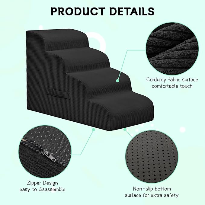 Dog Steps for Small Dogs, 4-Step Pet Ramp Stairs for High Beds and Sofa, Non-Slip Pet Stairs for Small Dogs and Cats, Removable and Easy to Clean Cover, Black