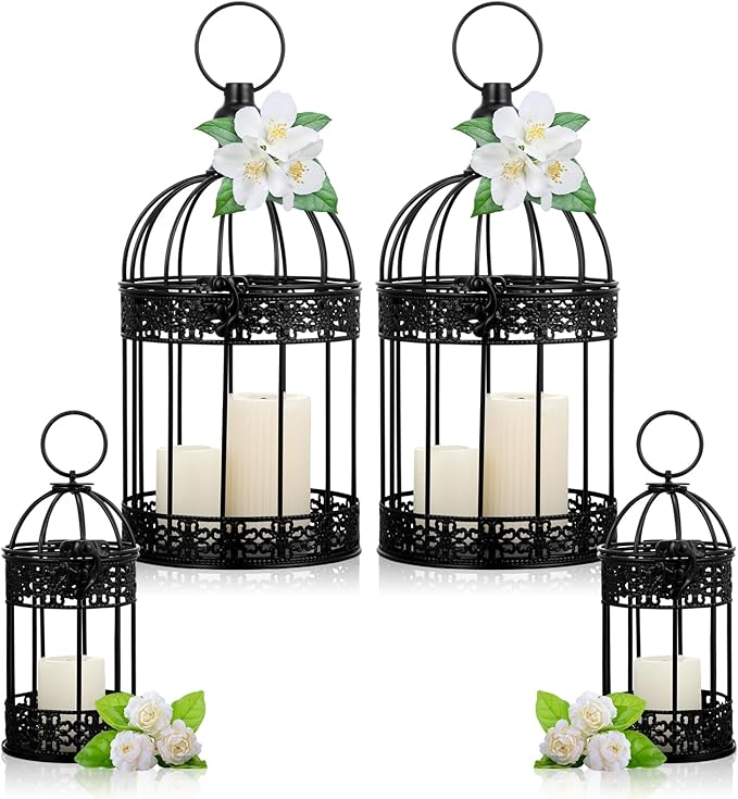 Sliner 4 Pcs Bird Cage Decorative Candle Holder Vintage Candle Holder Cage Lanterns Model for Modern Table House Home Decoration(Black)