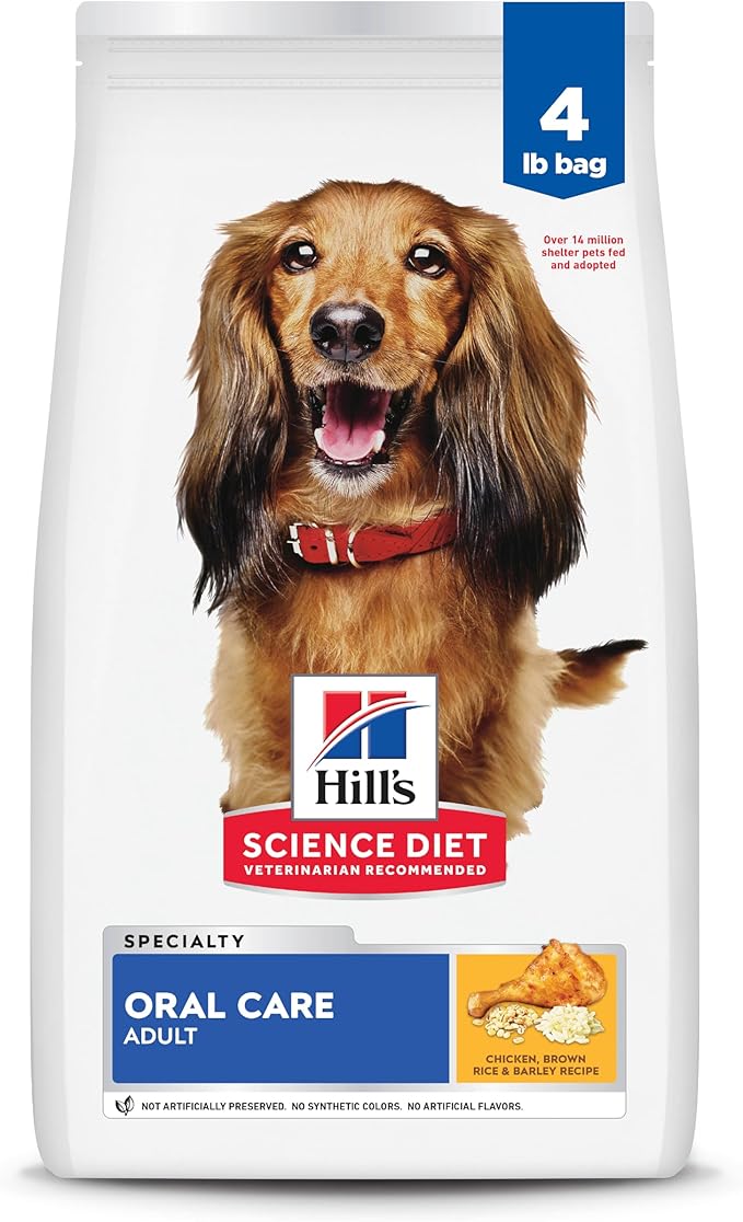 Hill's Science Diet Oral Care, Adult 1-6, Plaque & Tartar Buildup Support, Dry Dog Food, Chicken, Rice, & Barley, 4 lb Bag