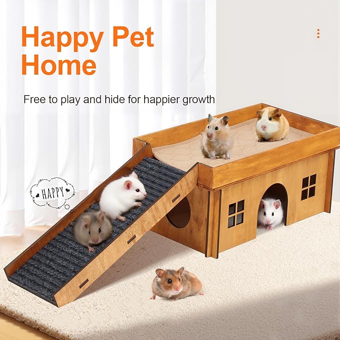 Wooden Guinea Pig Hideout, Large Hamster Hideout, Small Animal House Habitats with Stairs, Upgraded Pets Hut Castle for Guinea Pig, Bunny, Chinchillas, Hamster, Rabbit
