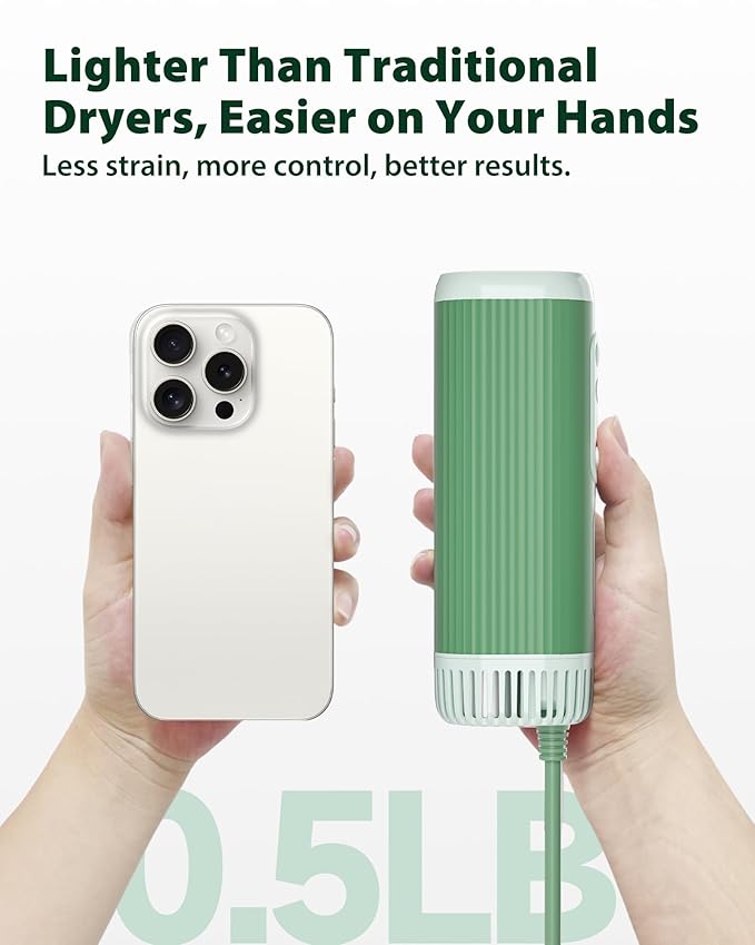 L&W BROS. Hands-Free Dog Dryer – Powerful & Professional Pet Blow Dryer for Small & Medium Dogs & Cats, Adjustable Airflow, Easy Storage, Negative Ion Technology (Green)