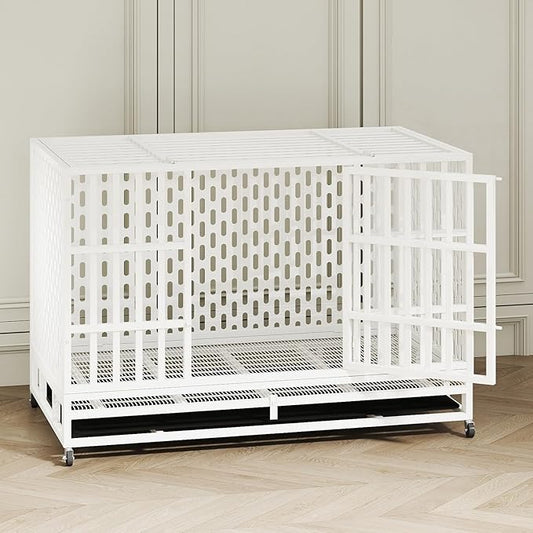 48 Inch Heavy Duty Indestructible Dog Crate Steel Escape Proof, Indoor Double Door High Anxiety Cage, Kennel with Wheels, Removable Tray,White,Extra Large XL XXL