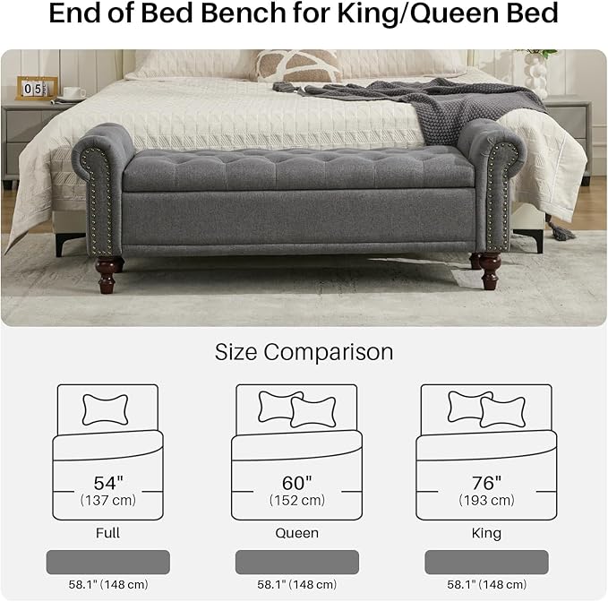 58.1'' Storage Bench Upholstered Linen End of Bedroom Bed Bench Ottoman with Tufted Cushioned Rolled Arm Large Storage Space for Reading Living Room Entryway, Grey
