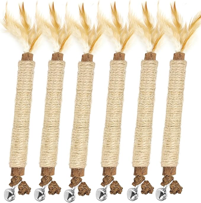 Tocirelo Kitten Chew Toys Teething - 6Pack Natural Silvervine Sticks for Cats, Matatabi Cat Feather Toy Chew Sticks, Cat Teeth Cleaning Treats for Indoor Bored Kitten