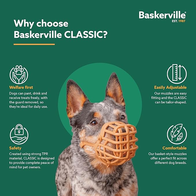 Baskerville Classic Basket Muzzle - Dog can Pant and Drink, Prevents Biting and Food Waste Scavenging, Strong TPR, Ideal for Longer Nosed Dogs, Breathable Dog Training Muzzle for Large Dogs (Size 10)