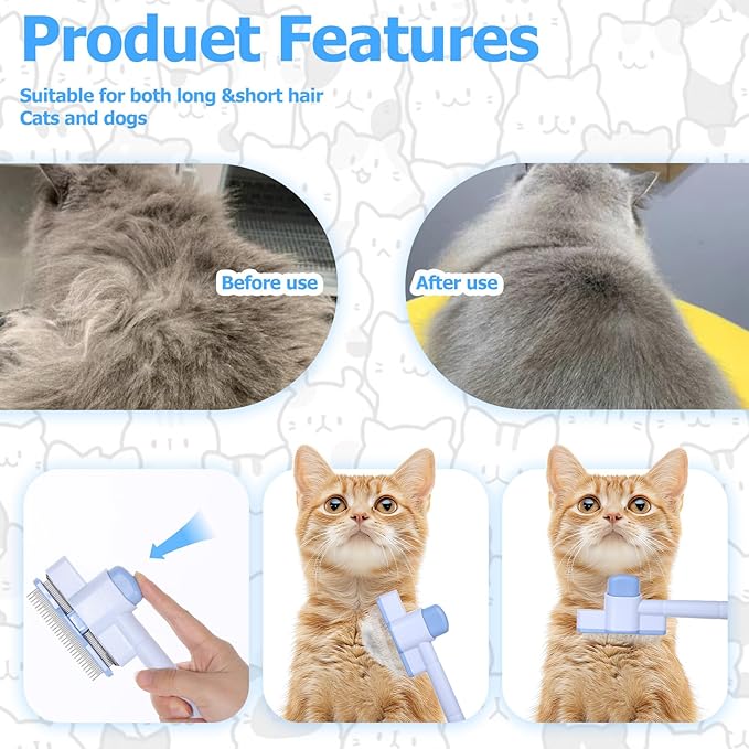 Zen Brush for Cats: Cat Flea Comb & Dematting Comb for Cats - Self-Cleaning Pet Hair Removal Tool with Long & Short Stainless Steel Teeth, Blue Pink