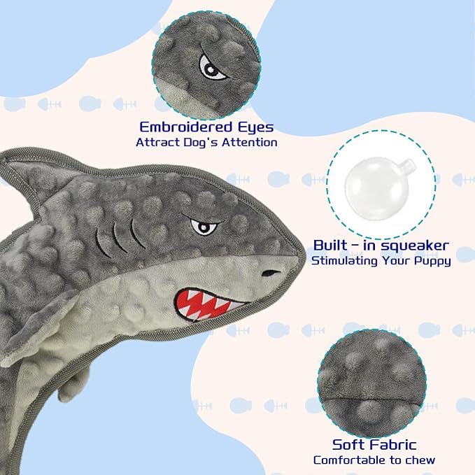 Dog Toy Squeaky Chew Dog Toys No PP-Cotton,no Stuffed for Small, Medium, Large Breed Dogs Interactive Hours of Fun,Gray-Shark