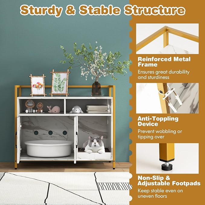 Tangkula Litter Box Enclosure, Modern Cat Litter Box Furniture with Metal Frame, Scratching Board, Storage Compartment, Hidden Cat Washroom (Marble White)