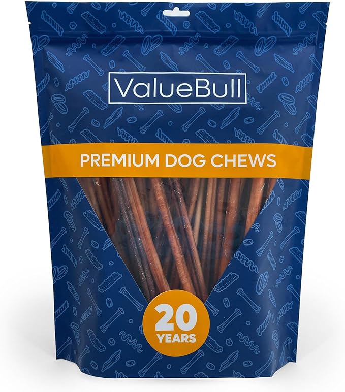 ValueBull Bully Sticks for Small Dogs, Thin 12 Inch, 50 Count - All Natural, Grass Fed, Single Ingredient, Long Lasting Dog Treats