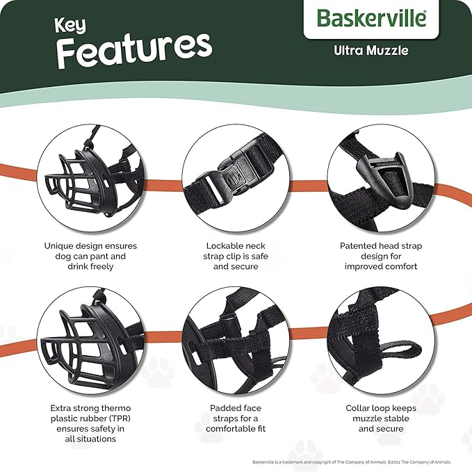 BASKERVILLE ULTRA MUZZLE - Patented Humane Design, Breathable, Dog can Pant and Drink, Adjustable, Padded, Training Muzzle for Medium-sized Dogs, Prevents Biting, Wildlife Scavenging (Size 3, Black)