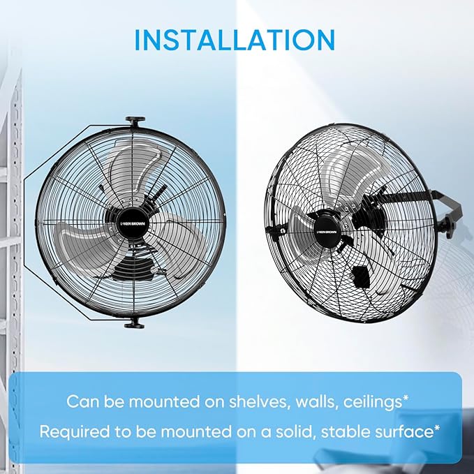 KEN BROWN 18 Inch Industrial Wall Mount Fan, 4300 CFM Metal Heavy Duty Fan, 3-Speeds High Velocity Oscillating Fans for Patios, Shop, Greenhouse, Garage, Commercial, Gazebo