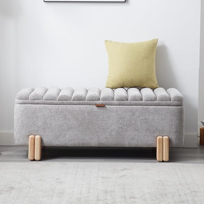 Kmax 45" Storage Bench Velvet Entryway Bench Upholstered Ottoman Bench with Wavy Top & Safty Hinge for Bedroom Living Room Hallway, Grey