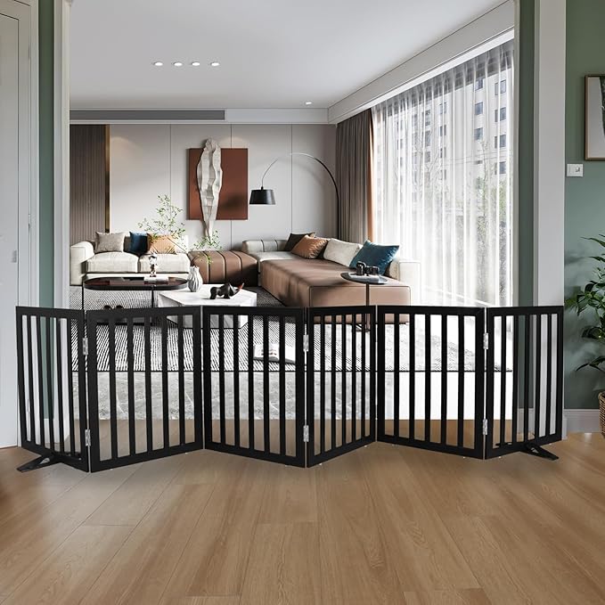 ZJSF Freestanding Indoor Dog Gate for House Foldable Wood Puppy Gate for Doorways Pet Gate for Stairs Extra Wide Pet Fence, Black, 24" Height 6 Panels