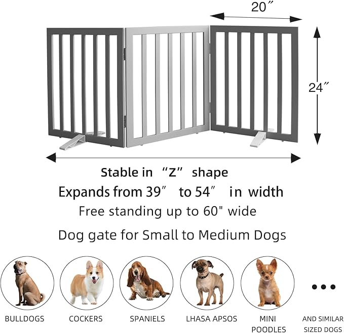 ZJSF Freestanding Indoor Dog Gate for House Foldable Wood Puppy Gate for Doorways Pet Gate for Stairs Extra Wide Pet Fence, Grey, 24" Height 3 Panels
