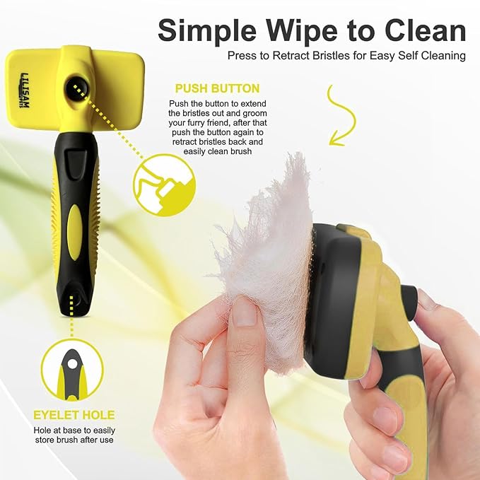 Pet Self Cleaning Slicker Brush and Grooming Comb - Gently Removes Loose Hair, Tangles, and Dirt - Skin Friendly Deshedding Grooming Tool for Hair Dogs & Cats - Pet Supplies Accessories (Yellow)