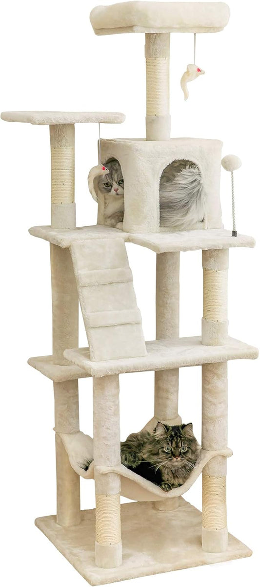MWPO 63.8 inches Multi-Level Cat Tree for Large Cats with Sisal-Covered Scratching Posts, Padded Platform, Hammock and Condo,Stable Cat Tower Cat Condo Pet Play House-Beige