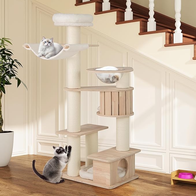 Tangkula 69” Tall Cat Tree, Multi-Layer Wood Cat Tower with Scratching Posts, Perch, Condo, Space Capsule, Hammock, Washable Cushions, Modern Cat Tree Tower for Indoor Cats Large Adult