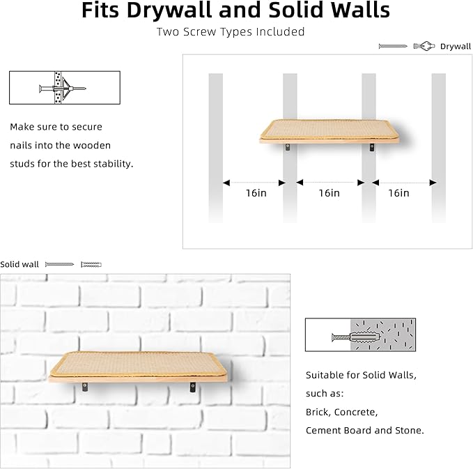 Meowoou Cat Wall Shelf with Sisal Mat, Wall Mounted Rubber Wood Cat Wall Furniture, Cats Climbing Steps for Wall, Cats Window Perches for Sleeping, Playing and Scratching