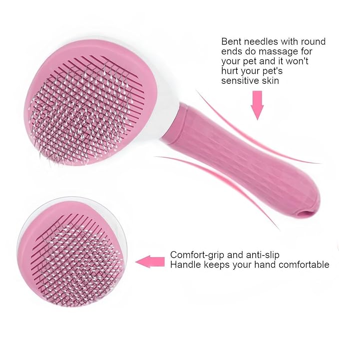 Cat Hair Brush, Cat Brush for Shedding with Metal Comb, Self Cleaning Pet Hair Brush with Release Button - Skin Friendly Deshedding Grooming Brush for Short and Long Haired Cats