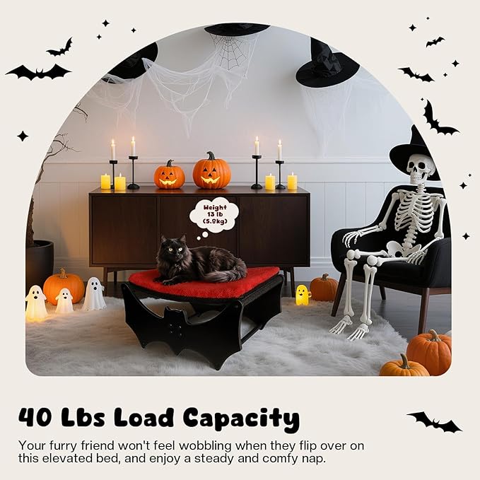Halloween Gothic Cat Bed with Bat Design, Wooden Elevated Cat Beds with Sisal Scratching Mat, Cats Scratcher Bed with Removable Fluffy Cushion, Raised Pet Bed for Large Cats, 22" L x 17.7" W, Black