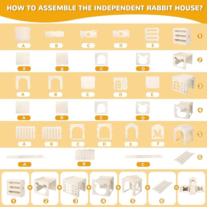 Large Rabbit Hideout Bunny Castle, Wooden Bunny House & Hay Feeder, Detachable Rabbit Hideaway, Indoor Rabbit Castle with Ramp, Small Animal Houses & Habitats