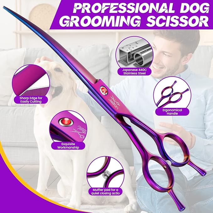 JASON 7.5" Dog Grooming Scissor - Professional Down-curved Shear with Ergonomic Handle Japanese Stainless Steel Trimming Scissor for Dogs, Cats and Other Pets, Sharp (Curved, Purple)