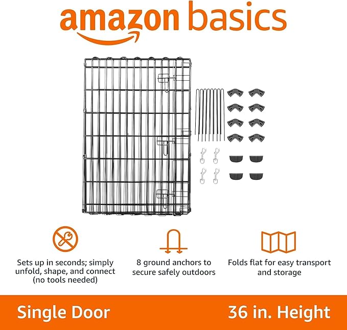 Amazon Basics Foldable Octagonal Metal Exercise Dog Playpen - Indoor/Outdoor, Single Door, Medium (8 Panels, 24 x 36), Easy to assemble and store, 36" - Medium, Black