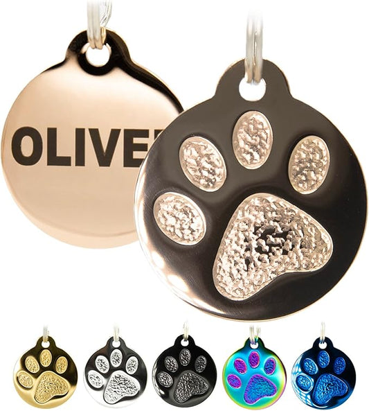 Engraved Pet Tag for Dogs and Cats - Personalized Front & Back up to 4 Lines of Text Custom Engraved ID, Round Paw Print Solid Plating Stainless Steel Rose Gold Small