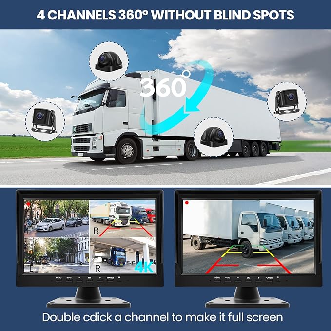 Wired Backup Camera System with 10.1’’ IPS Monitor for Truck RV Trailer Bus, Rear View Camera, with Side Front View Camera, 4 Split Screen, Super Waterproof, Night Vision, Easy Installation AHD1080P