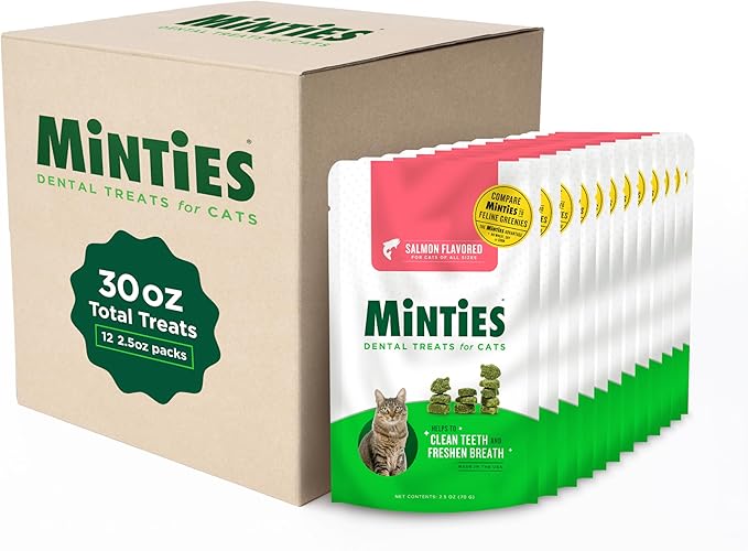 Minties Dental Treats for Cats, Salmon Flavored Treats for Cats, Freshens Breath and Controls Tartar, 30oz (12 2.5oz Bags)