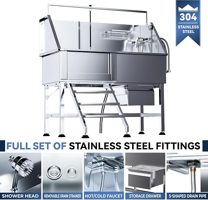 Professional 46" Dog Washing Station, Stainless Steel Dog Bathing Station, Height Adjustable Dog Wash Station, Storage Drawer, Upgrade Parts, Home, Commercial (Left Step)