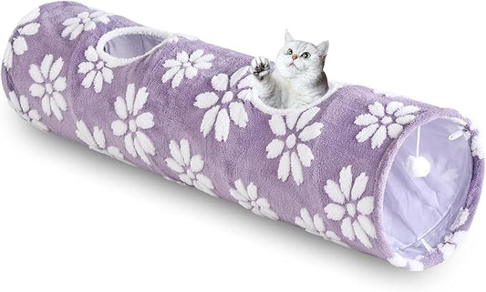 Straight Cat Tunnel for Indoor Cats 47"x12", Cute Cat Toys Collapsible Tunnel Tube with Balls for Puppy Kitten Rabbit, Purple Flower