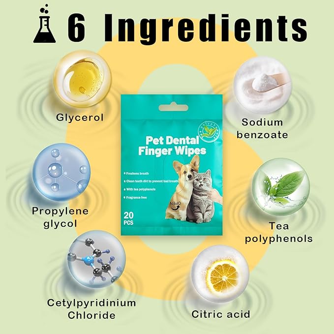 Portable Dog Teeth Dental Finger Wipes for Dogs & Cats No-Rinse Dog Finger Toothbrush Dog Plaque & Tartar Prevention with Brushing Beads Dog Breath Freshene 20pcs