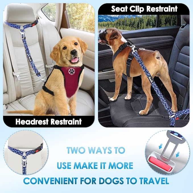 SlowTon Dog Seat Belt for Car, 2 Pack Dog Car Harness Seatbelt Adjustable with Elastic Bungee Buffer, 2 in 1 Pet Car Leash Headrest Restraint Dog Reflective Safety Tether (Blue Paw, Headrest+Clip)