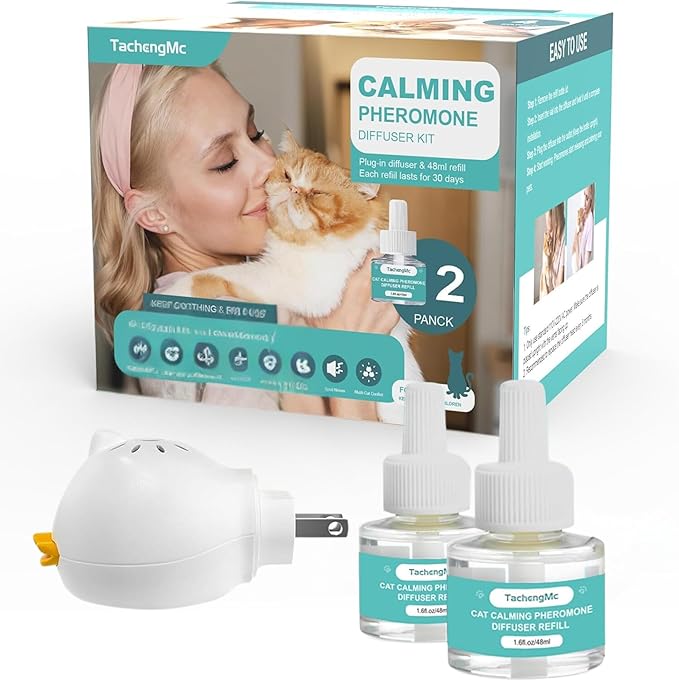Cat Calming Diffuser, Cat Pheromones Calming Diffuser, Effectively Relieve Anxiety Stress Cat Diffuser Calming Multicat with 1 Diffuser + 2 Refill 48ml Last 60 Days Fits All Cats