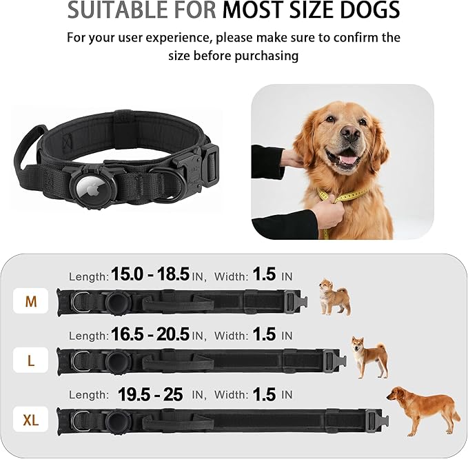 Tactical AirTag Dog Collar Leash Set - Heavy Duty, Adjustable GPS Collar Compatible with Apple AirTag, with Holder & Control Handle for Medium/Large Dogs [ Black, L ]
