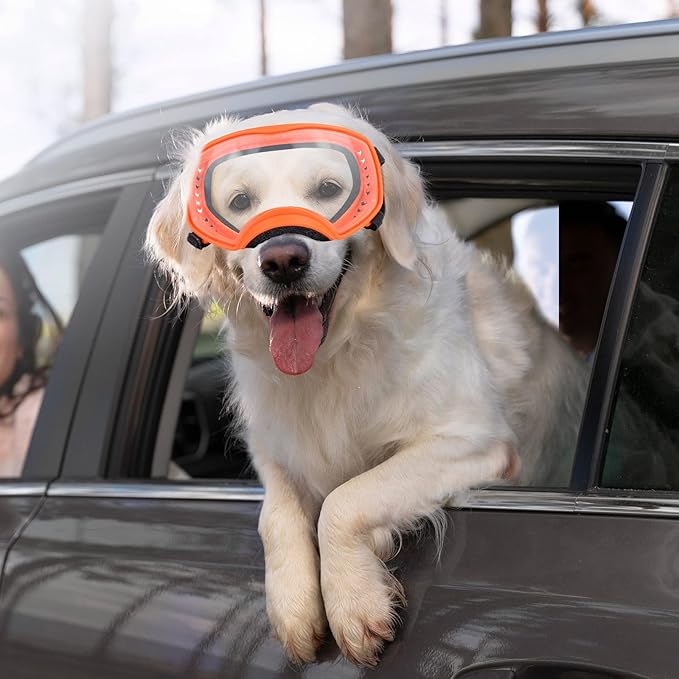 NAMSAN Clear Dog Goggles for Large Dogs, Wide Eyecup & Soft Frame, Anti-UV Sunglasses for Dogs Medium to Large Breed, Driving Dog Eye Protection, Windproof Dustproof, Adjustable, Orange
