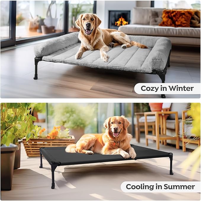 Veehoo Cooling Elevated Dog Bed with Fluffy Plush Bolster Cushion, Indoor Raised Dog Beds for Large Dogs, Soft Pet Sofa Cot with Removable Washable Mat, No-Slip Feet, 42 x 30 inches, Grey
