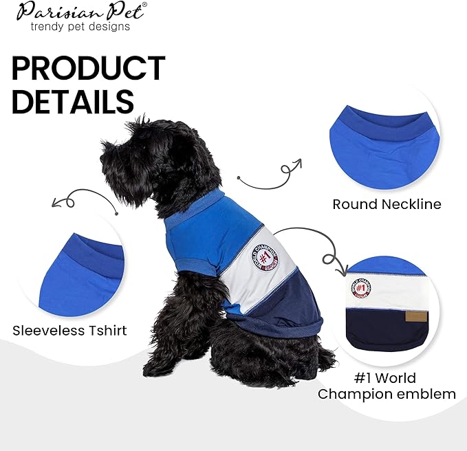 Parisian Pet Dog T-Shirt - Embroidered 'Worlds Champion' Dog Shirt - Lightweight Sleeveless Color Block Tee - Machine Washable - XL