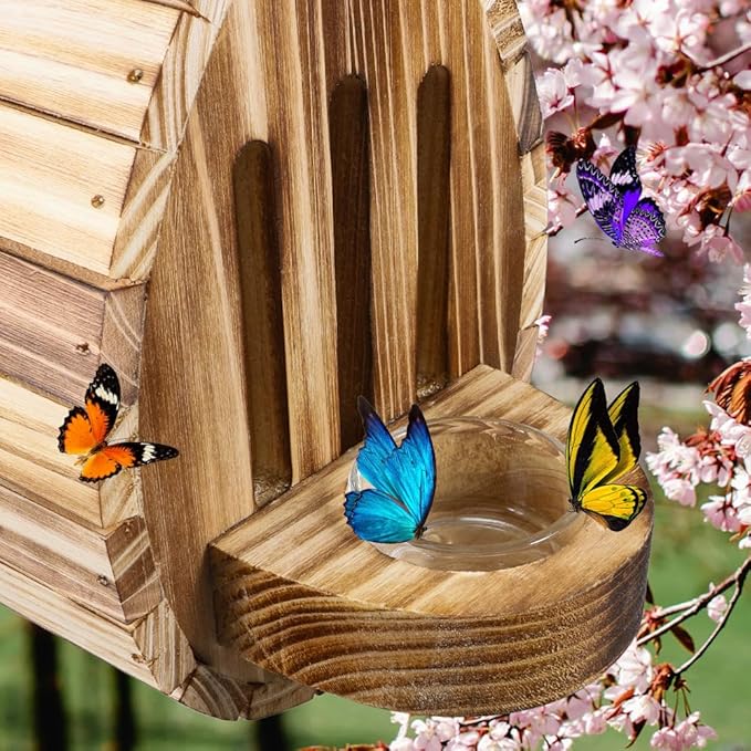 Picowe Wooden Butterfly House - Natural Habitat Nesting Box With Feeder for Butterflies, Bees, Ladybirds - Hanging Garden House for Outside, Open Door