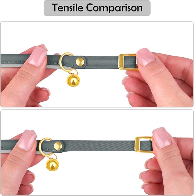 OOPSDOGGY Rolled Leather Cat Collar with Bell - Reflective Kitten Collar with Safety Elastic Strap - Adjustable Small Pet Collars for Boy Girl Cats (Graphite)